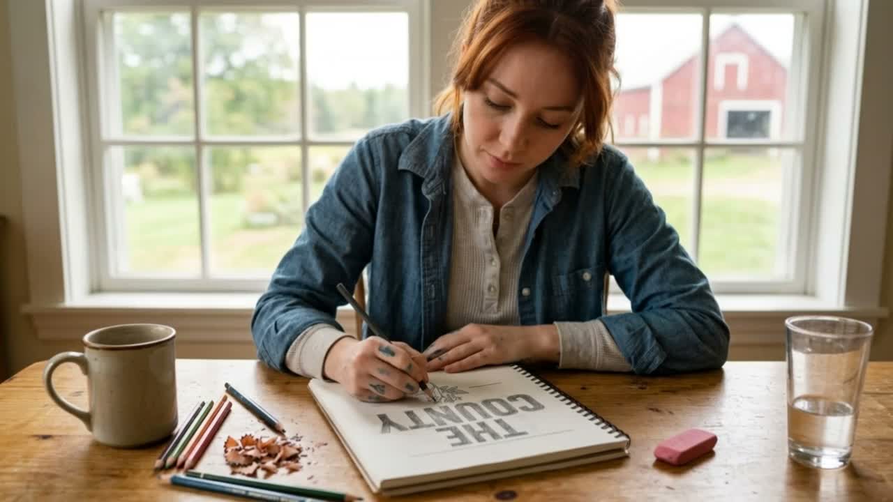 Our daughter sketching a design at the kitchen table in Aroostook County