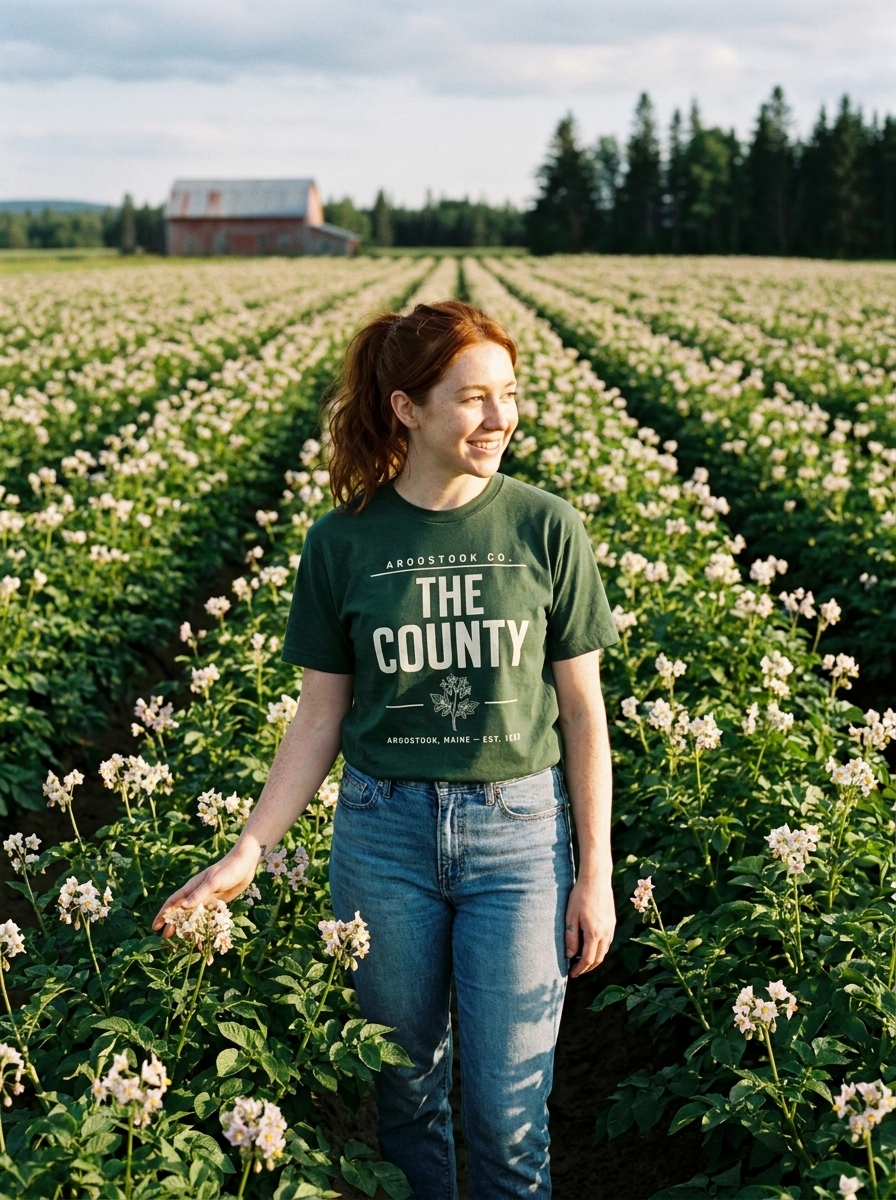 Our daughter in The County tee, standing in a blooming Aroostook potato field